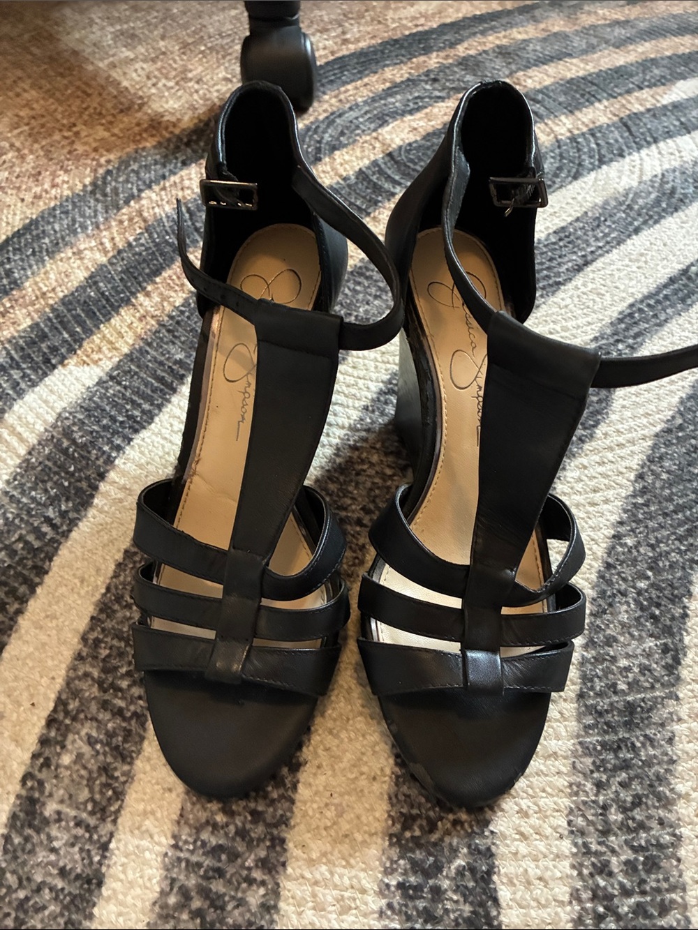 Jessica Simpson Black Strappy T‑Bar Heeled Sandals